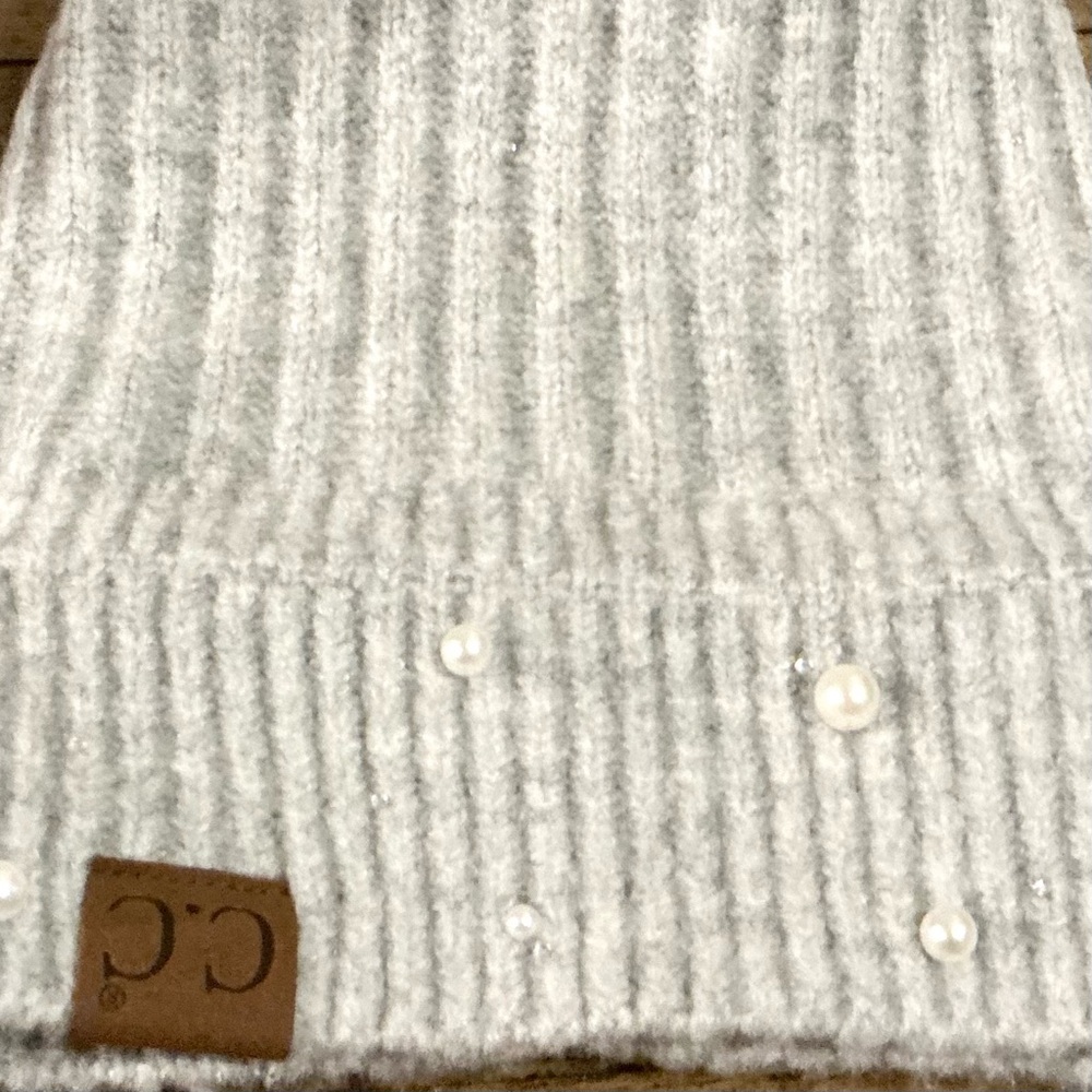 C.C Beanie PomPom Hat Pearl Rhinestone Embellished Coquette Feminine Outdoor NEW - Picture 6 of 9